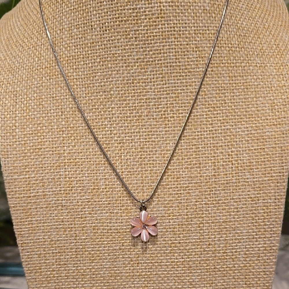 Pastel Pink Floral Pendant Necklace with Dainty Silver Chain